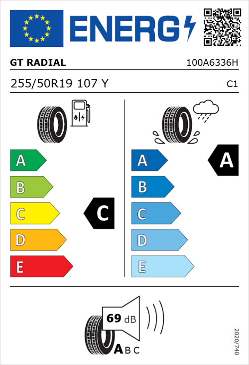 Tyre Label for GT Radial SportActive 2 255/50R19 107Y