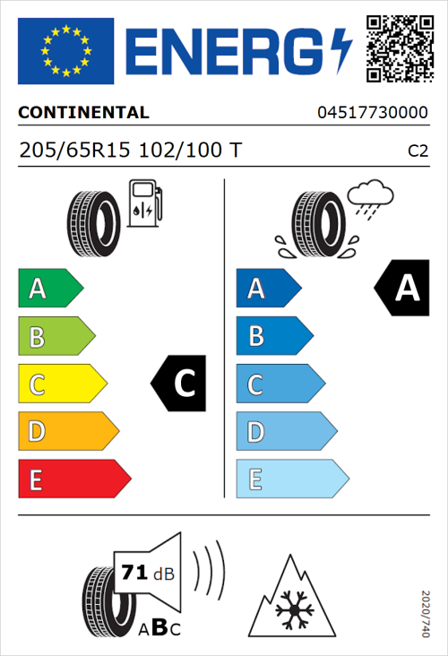 Tyre Label for Continental VanContact Ultra 205/65R15 102/100T